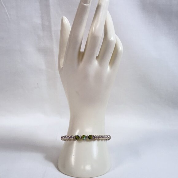 Silver Plated Beaded Bracelet with Green AB Faceted Crystal Beads & Charm 7" - Picture 2 of 6